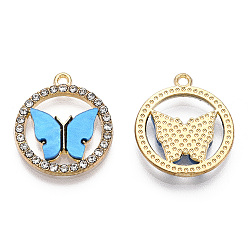 Dodger Blue Alloy Pendants, with Crystal Rhinestone and Acrylic, Ring with Butterfly Charm, Light Gold, Cadmium Free & Nickel Free & Lead Free, Dodger Blue, 18.5x16x2~3mm, Hole: 1.2mm