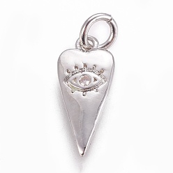 Platinum Brass Pendants, with Cubic Zirconia, Heart with Evil Eye, Clear, Platinum, 15.5x7x1.5mm, Hole: 3mm