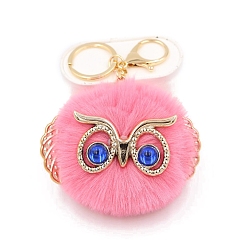 Salmon Cute Pompom Fluffy Owl Pendant Keychain, with Alloy Findings, for Woman Handbag Car Key Backpack Pendants, Salmon, 12x9cm