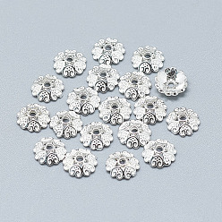 Silver 925 Sterling Silver Bead Caps, 6-Petal, Flower, Silver, 8x2mm, Hole: 1.2mm