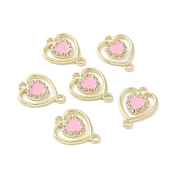 Pink Alloy Enamel Connector Charms, Heart Links, with Crystal Rhinestone, Light Gold, Cadmium Free & Lead Free, Pink, 21x16x2.5mm, Hole: 2mm