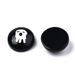 Black Halloween Opaque Resin Enamel Cabochons, Half Round with White Ghost, Black, 14x6mm