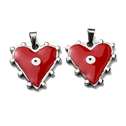 Red 304 Stainless Steel Pendants, with Enamel, Heart with Evil Eye Charm, Stainless Steel Color, Red, 21x21x3mm, Hole: 5x3.5mm