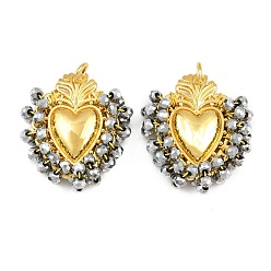 Silver Alloy & Glass Seed Beaded Pendants, Heart Charm, Long-Lasting Plated, Rack Plating, Cadmium Free & Lead Free, with Brass Jump Ring, Golden, Silver, 32x27x8mm, Hole: 5mm