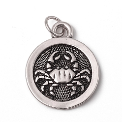 Cancer Brass Pendants, with Jump Rings, Long-Lasting Plated, Flat Round with 12 Constellation/Zodiac Sign, Antique Silver, Cancer, 18.5x15x2mm, Jump Ring: 5x0.7mm, Inner Diameter: 3.6mm