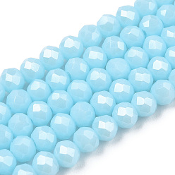 Light Blue Electroplate Glass Beads Strands, Pearl Luster Plated, Faceted, Rondelle, Light Blue, 4x3mm, Hole: 0.4mm, about 123~127pcs/strand, 16.5~16.9 inch(42~43cm)
