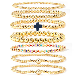 Прусский Синий 7 шт. латунные круглые браслеты с бусинами для женщин, с пластиковыми крестообразными бусинами, золотые, берлинская лазурь, 6.50 дюйм (16.5 см) ~ 6.89 дюйм (17.5 см)