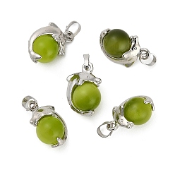 Yellow Green Cat Eye Pendants, Round with Dolphin Charm, with Alloy Findings, Platinum, Yellow Green, 19.5x12.5x10.5mm, Hole: 3.5x2.5mm