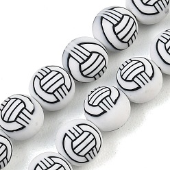 White Handmade Polymer Clay Beads Strands, Round with Volleyball, White, 8mm, Hole: 1.2mm, about 40pcs/strand, 12.20''(31cm)