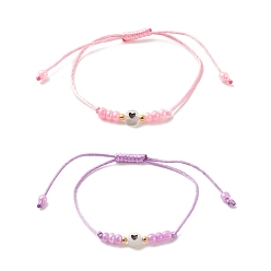 Pink 2Pcs Flat Round with Heart Acrylic Braided Bead Bracelets Set with Glass Seed, Luminous Beaded Stackable Adjustable Bracelets for Women, Pink & Violet, Inner Diameter: 2~3-3/8 inch(5~8.7cm)