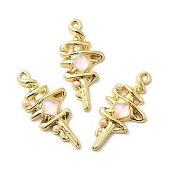 Золотой Подвески из сплава , волшебная палочка, со стеклом и бусинами из АБС-пластика, покрытие стойки без свинца, кадмия и никеля, розовые, золотые, 37x17.5x5.5 мм, отверстие : 2 мм