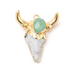 Dark Sea Green Faceted Natural Dyed Jade Pendants, with Light Gold Tone Brass Finding and Resin, Cattle' Head Charms, Dark Sea Green, 28.5x26x13mm, Hole: 1.8mm