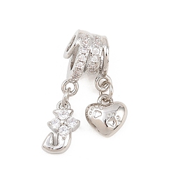 Letter J Латунные микропаве прозрачные подвески с фианитом, сердце прелести, долговечный, стойки покрытие, без кадмия и без свинца, платина, буква J, 23.5 мм, отверстия : 3 mm и 4 мм, Сердце: 8.5x8x3.5 mm, Письмо: 10x7x3.5 мм