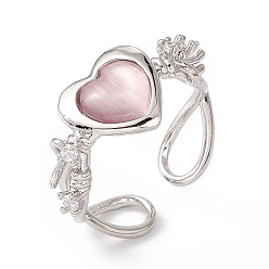 Pink Glass Heart with Flower Open Cuff Ring, Platinum Brass Hollow Ring for Women, Pink, US Size 8 1/2(18.5mm)