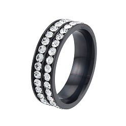 Electrophoresis Black Crystal Rhinestone Double Line Finger Ring, 201 Stainless Steel  Jewelry for Women, Electrophoresis Black, Inner Diameter: 17mm