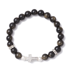 Золотой Обсидиан Браслеты из натуральных круглых бусин обсидиана с золотистым блеском, Браслеты из латунных бусин-крестов с микропаве из кубического циркония для женщин, с жемчугом из раковины , внутренний диаметр: 2-1/8 дюйм (5.4 см)