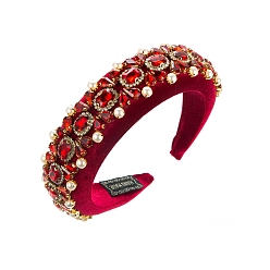 Red Baroque Full Glass Rhinestones & Pearl Cloth Hair Bands, Wide Hair Accessories for Women Girls, Red, 150x125x40mm
