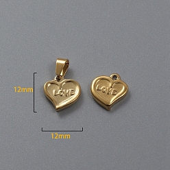 Golden Titanium Steel Pendants, Heart with Word Love Charm, Golden, 12x12x2.4mm