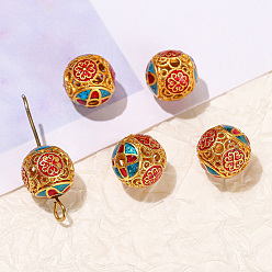 Colorful Brass Enamel Beads,  RoundBrass Enamel Beads, Round with Flower, Colorful, 12mm