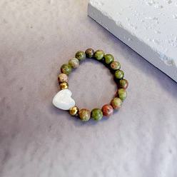 Унакит Кольца-растяжки из натурального унакита и нержавеющей стали, с бусиной в виде ракушки