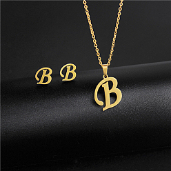 Letter B Golden Stainless Steel Initial Letter Jewelry Set, Stud Earrings & Pendant Necklaces, Letter B, No Size