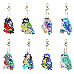 Colorful Bird DIY Diamond Painting Keychain Kit, Including Acrylic Board, Keychain Clasp, Bead Chain, Resin Rhinestones Bag, Diamond Sticky Pen, Tray Plate and Glue Clay, Colorful, 80x60mm, 8pcs/set