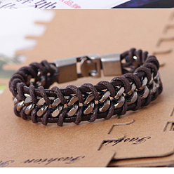 Coconut Brown Imitation Leather Cord Bracelets, with Alloy Findings, Platinum, Coconut Brown, 210x20mm(8-1/4 inchx3/4 inch)