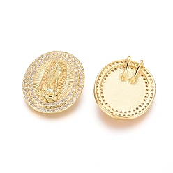 Golden Brass Micro Pave Clear Cubic Zirconia Pendants, Long-Lasting Plated, Oval with Virgin Mary, Golden, 23x19.5x3mm, Hole: 5.5x2.5mm