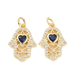 Полуночно-синий Латунные микро проложить кубического циркония подвески, с прыжковых колец, долговечный, без кадмия и без свинца, золотой свет, Хамса рука с сердцем, темно-синий, 18.5x13.5x3 мм