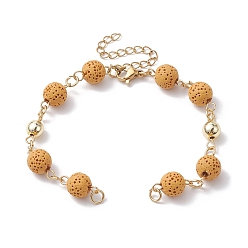 Goldenrod Dyed Natural Lava Rock Round Beaded Chain Bracelet Making, with Golden 304 Stainless Steel Findings, Fit for Connector Charms, Goldenrod, 6-3/4 inch(17cm)