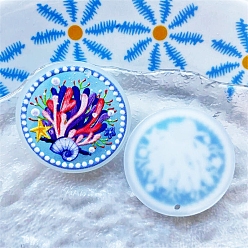 Midnight Blue Flat Round Acrylic Pendants, Coral Pattern, Midnight Blue, 34mm