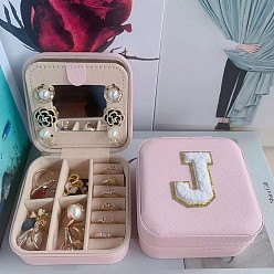 Letter J Letter Imitation Leather Jewelry Organizer Case with Mirror Inside, for Necklaces, Rings, Earrings and Pendants, Square, Pink, Letter J, 10x10x5.5cm