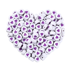 Blue Violet Opaque Acrylic Beads, with Enamel, Flat Round with Heart, Blue Violet, 7x3.5mm, Hole: 1.2mm