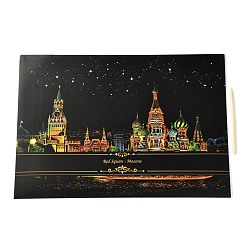 Building Scratch Rainbow Painting Art Paper, DIY Night View of the City, with Paper Card and Sticks, Building Pattern, 40.5x28.4x0.05cm