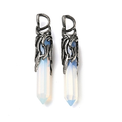 Опал Opalite подвески, граненые подвески-пули с латунными крыльями дракона, античное серебро, 45~47x8.5~9 мм, отверстие : 6~6.5x4~4.5 мм