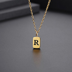 Letter R Titanium Steel Rectangle with Initial Letter Pendant Necklace with Cable Chains for Women, Golden, Letter.R, 17.72 inch(45cm)