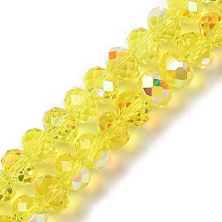 Yellow AB Color Plated Transparent Electroplate Beads Strands, Faceted, Round, Yellow, 7.5x6mm, Hole: 1mm, about 80~83pcs/strand, 18.31~19.88''(46.5~50.5cm)