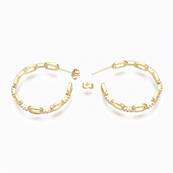 Real 16K Gold Plated Semicircular Brass Micro Pave Clear Cubic Zirconia Cable Chain Stud Earrings, Half Hoop Earrings, with Earring Backs, Real 16K Gold Plated, 31x5mm, Pin: 0.8mm