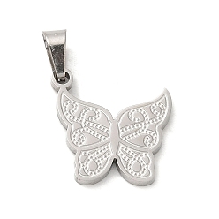 Stainless Steel Color 304 Stainless Steel Pendants, Textured and Laser Cut, Butterfly Charm, Stainless Steel Color, 15x15.5x1.5mm, Hole: 5x3mm