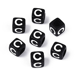 Letter C Начальные акриловые бусины с горизонтальной дырочкой, кубические, чёрные, буква С, 6x6x6 мм, отверстие : 3.5 мм, 3330 шт / 500 г