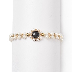 Noir Bracelet en perles de verre et coquillage, bracelet de perles tressées délicates pour les femmes, noir, 7-1/2 pouce (19 cm)