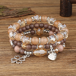 B133 Coffee Bohemian Style Multi-layer Glass Bead Heart Charm Bracelet for Women