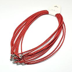 Красный Плетеные кожаные шнуры, для ожерелья делает, латуни с застежками омаров, красные, 21 дюйм, 3 мм