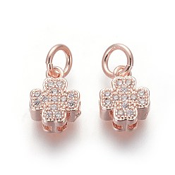 Розовое Золото Брелки из экологически чистой латуни с микропаве и кубическим цирконием, без свинца и без кадмия, прозрачные, клевер, розовое золото , 9.5x7x3.5 мм, отверстие : 3 мм
