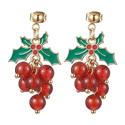 Golden Cherry Alloy Enamel and Carnelian Beads  Studs Earring, with 304 Stainless Steel Stud Earring Findings, Golden, 36.5x20.5mm