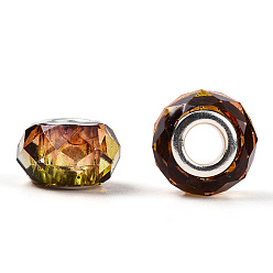 Goldenrod Transparent Resin European Beads, Imitation Crystal, Two-Tone Large Hole Beads, with Silver Tone Brass Double Cores, Faceted, Rondelle, Goldenrod, 14x8.5mm, Hole: 5mm