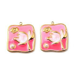 Ярко-Розовый 304 нержавеющей стальной эмали подвески, с имитацией жемчуга из АБС, квадрат с цветочным шармом, золотые, ярко-розовый, 25x22x4 мм, отверстие : 1.4 мм