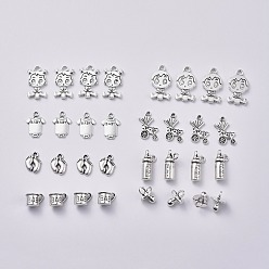 Antique Silver Baby Theme, Tibetan Style Alloy Pendants, Baby Girl & Baby Boy & Dummy Pacifier & Cup with Baby & Clothe with Baby & Baby Feet & Pram & Feeding-bottle, Antique Silver, 32pcs/set