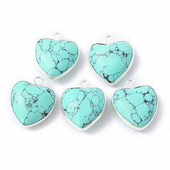 Turquoise Synthetic Turquoise Pendants, with Silver Color Plated Brass Findings, Heart Charms, 18~19x15~17x7~10mm, Hole: 2mm