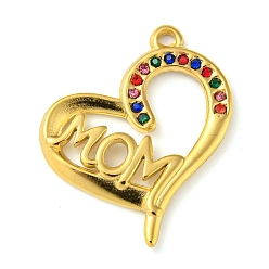 Colorful Ion Plating(IP) Real 18K Gold Plated 304 Stainless Steel Rhinestone Pendants, Heart with Word Mom Charms, for Mother's Day, Colorful, 26x22x2mm, Hole: 1.5mm
